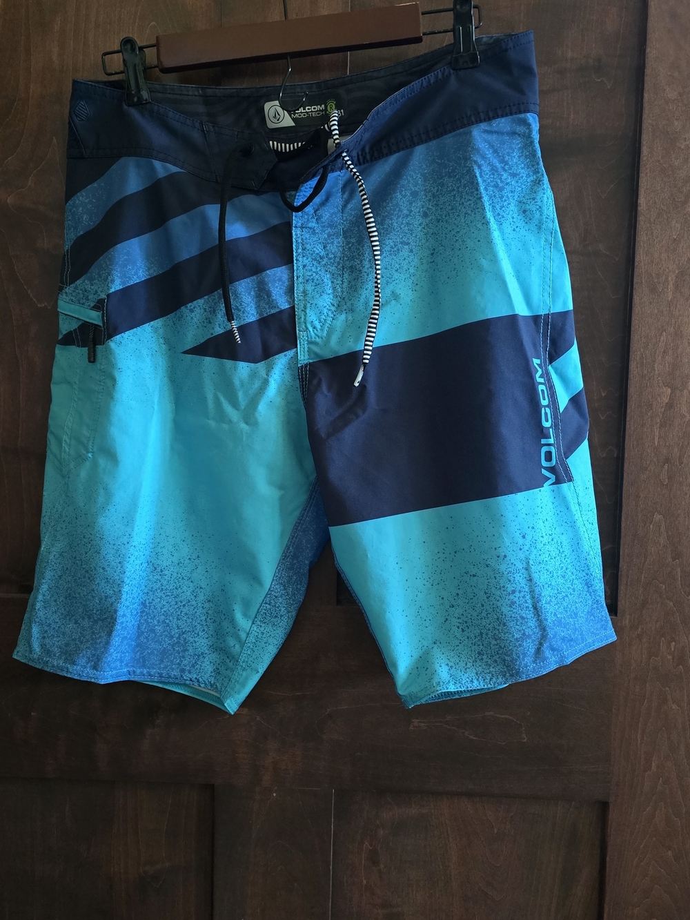Volcom Men’s Turquoise and Navy Striped Swim Board Shorts